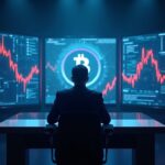 Photorealistic newsroom with a central executive at a desk, Bitcoin screens, red bearish arrows, and cool blue lighting.