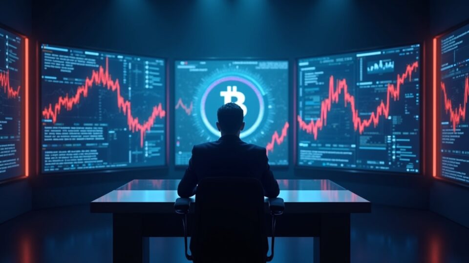Photorealistic newsroom with a central executive at a desk, Bitcoin screens, red bearish arrows, and cool blue lighting.