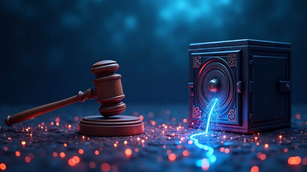 Photorealistic crypto exchange beneath a courthouse gavel; blockchain lines feed a vault, signaling regulatory risk.