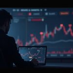 Photorealistic crypto trader reviews a dashboard with red flags and on-chain data, signaling post-plea Binance scrutiny.