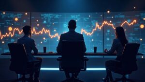 Photorealistic scene of executives around market charts with Bitcoin, ETF inflows, and Ripple, Solana, Binance logos.