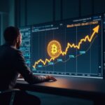 Bitcoin with rising 107K price chart, focused analyst at a sleek desk amid digital data streams and DeFi symbols.
