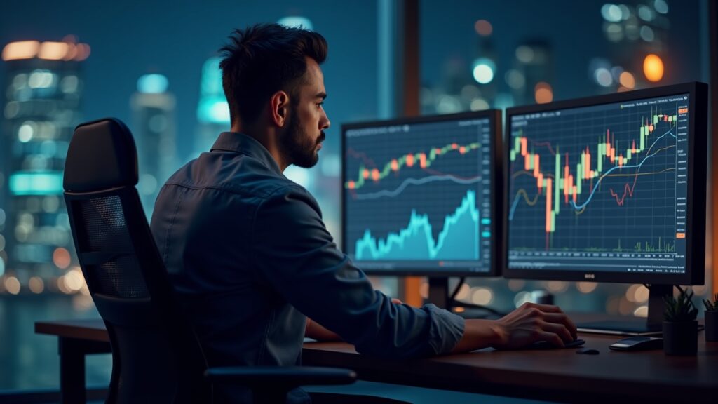 Photorealistic trader analyzes Bitcoin charts on multiple screens with a futuristic city and blockchain glyphs.
