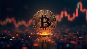 Hyperreal Bitcoin at center with a rising chart past 90,000, set against neon stock-exchange glow and streaming data.