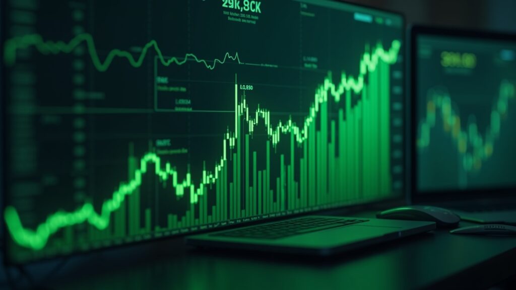 Photorealistic trader desk with BTC chart rising above 91k, green uptrend and volume bars, futuristic city backdrop