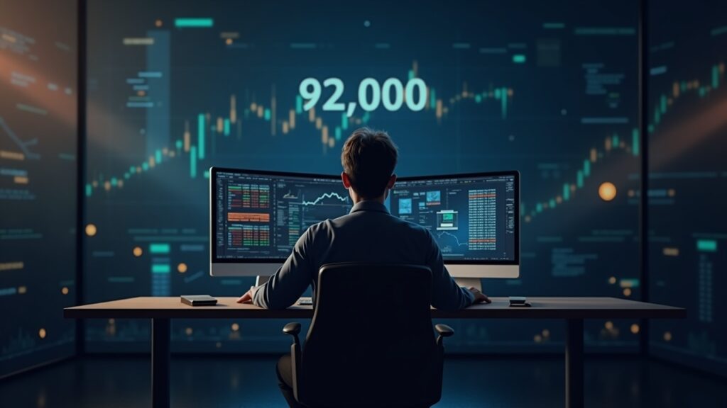 Photorealistic trader at a modern desk with a BTC price board at 92,000, a bear silhouette, and data-feed icons.