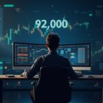 Photorealistic trader at a modern desk with a BTC price board at 92,000, a bear silhouette, and data-feed icons.