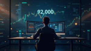 Photorealistic trader at a modern desk with a BTC price board at 92,000, a bear silhouette, and data-feed icons.