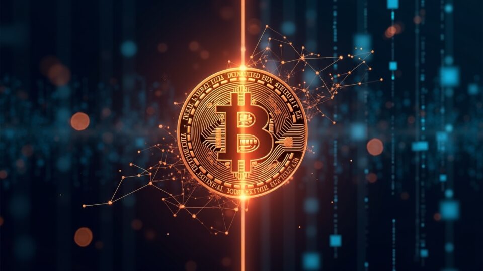 Photorealistic header: Bitcoin center with glow, split view of Aave DAO and Aave Labs governance, digital ledger backdrop.