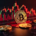 Photorealistic Bitcoin symbol bleeding over a red price chart, with fading stock charts, gold bars, and AI chips.