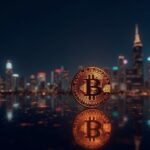 Photorealistic Bitcoin token rising over a night city skyline with glowing blockchain lines and market data.