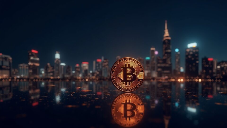 Photorealistic Bitcoin token rising over a night city skyline with glowing blockchain lines and market data.