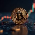 Photorealistic Bitcoin coin in focus with dimmed altcoins and rising market graphs signaling risk-off rotation.