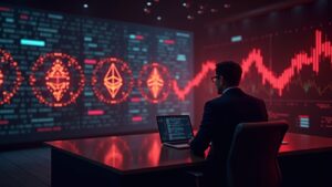 Photorealistic newsroom: analyst at desk, holographic BTC, ETH, XRP logos, red price drops, and $500M liquidations.