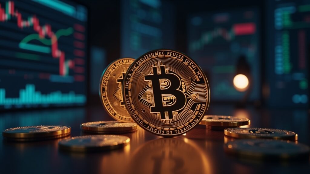 Photorealistic Bitcoin coin descends past a glowing 90k indicator with stock tickers, AI code, and newsroom lighting.