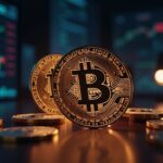 Photorealistic Bitcoin coin descends past a glowing 90k indicator with stock tickers, AI code, and newsroom lighting.