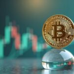 Photorealistic Bitcoin coin on a delicate glass scale against a fluctuating macro chart, signaling fragile setup near $90k.