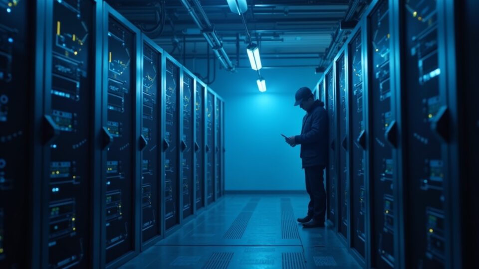 Photorealistic Bitcoin mining facility with a worker at a rig under blue lighting and a downward hashrate overlay