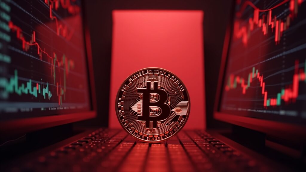 Photorealistic Bitcoin at center with red trading screens and a looming tariff document, signaling manipulation and leverage risk.