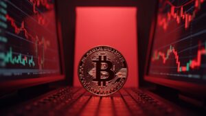 Photorealistic Bitcoin at center with red trading screens and a looming tariff document, signaling manipulation and leverage risk.