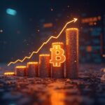 Photorealistic Bitcoin symbol at center with a glowing price ladder showing 93k-118k in newsroom-style crypto backdrop