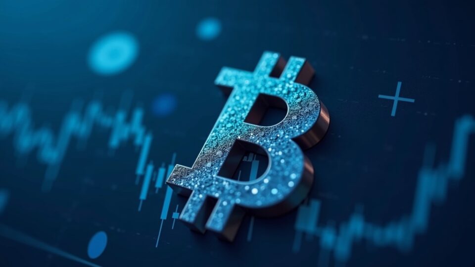 Realistic crypto newsroom with Bitcoin symbol over a falling chart, highlighting death cross and head-shoulders.