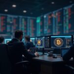Photorealistic trading floor showing Bitcoin logos on screens, with institutional traders and halving motif.