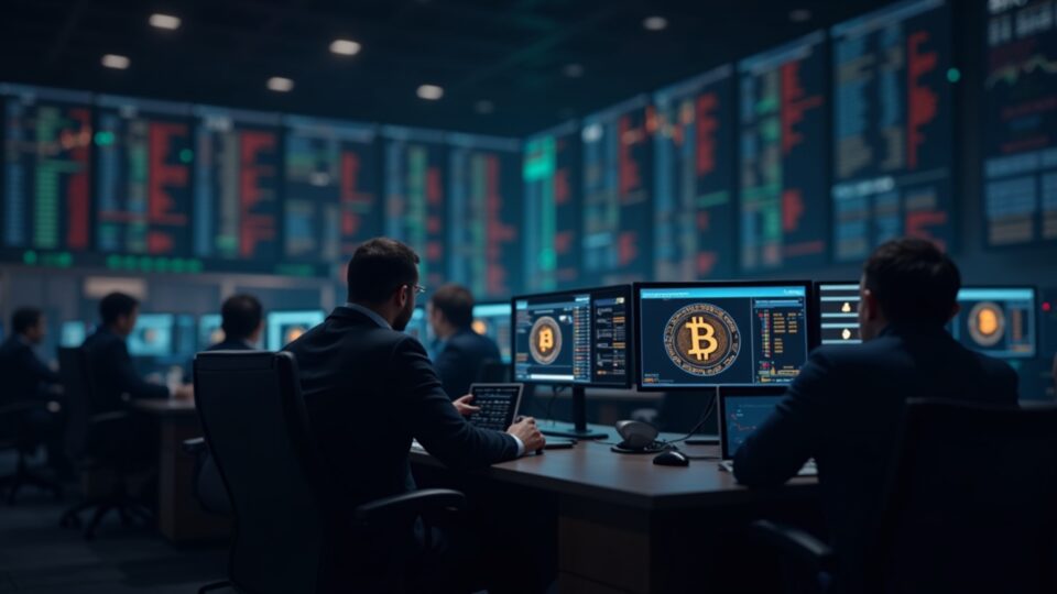 Photorealistic trading floor showing Bitcoin logos on screens, with institutional traders and halving motif.