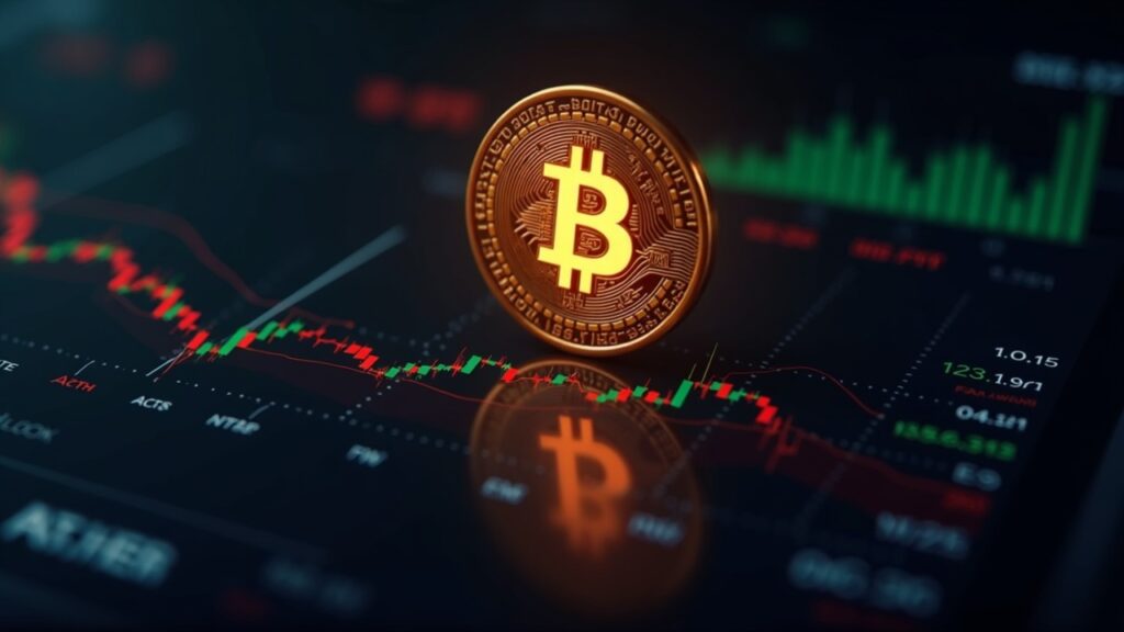 Photorealistic Bitcoin logo over a dashboard of prediction-market tickers signaling cautious sentiment.