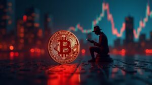 Photorealistic Bitcoin in foreground with red price chart, shadow regulator silhouette, and digital city backdrop.