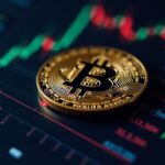 Bitcoin symbol over a high-tech market dashboard with a red down-arrow and 87k price label, newsroom lighting.