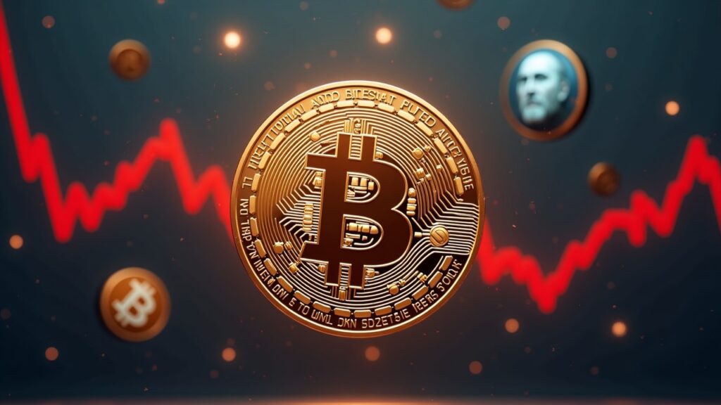 Photorealistic Bitcoin centerpiece with a red downward trend line, fading institutional logos, and a muted Fed backdrop.
