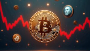 Photorealistic Bitcoin centerpiece with a red downward trend line, fading institutional logos, and a muted Fed backdrop.