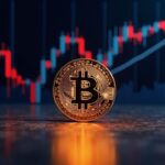 Photorealistic Bitcoin coin center with a price chart behind, showing 100k resistance and red STH vs blue LTH/whale arrows.
