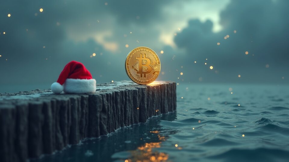 Photorealistic bitcoin on a ledger-bridge above a sea of numbers, Santa hat nearby, ETF and regulatory icons in stormy clouds.