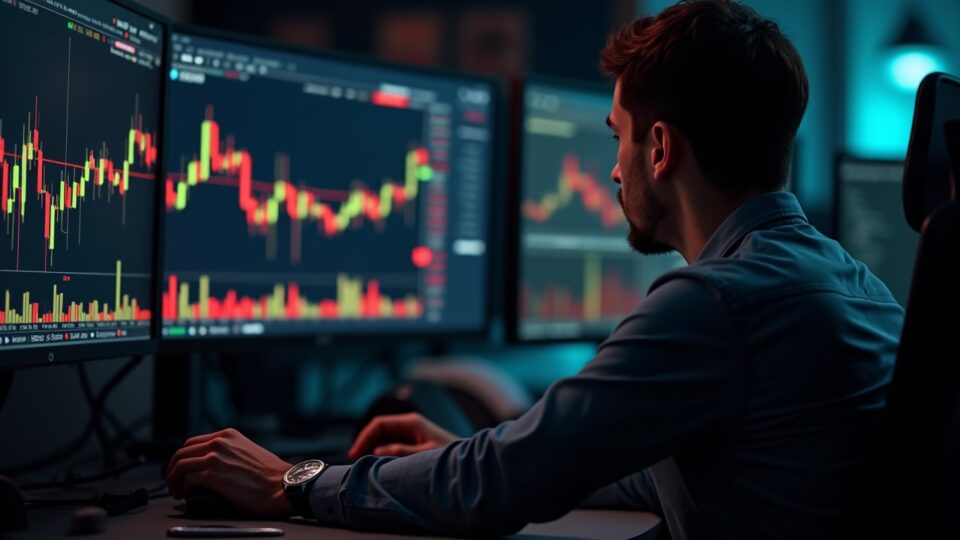 Photorealistic newsroom with a trader at a multi-monitor setup, Bitcoin price chart, liquidations overlay and red/green candlesticks.