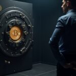 Photorealistic vault door with Bitcoin emblem and a professional investor, signaling shift to self-custody and institutional reserves.
