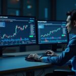Newsroom-style trader at a clean desk with real-time BVX and BVXS dashboards over Bitcoin charts.