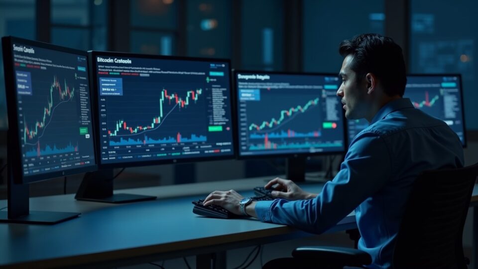 Newsroom-style trader at a clean desk with real-time BVX and BVXS dashboards over Bitcoin charts.