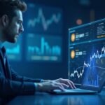 Photorealistic newsroom scene with a focused analyst and Bitcoin/XRP holographic charts plus a rising blue graph.