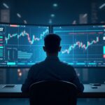 Photorealistic trader at a sleek desk with holographic screens displaying EURUSD, XAUUSD and stock CFDs, highlighting USDT margins.