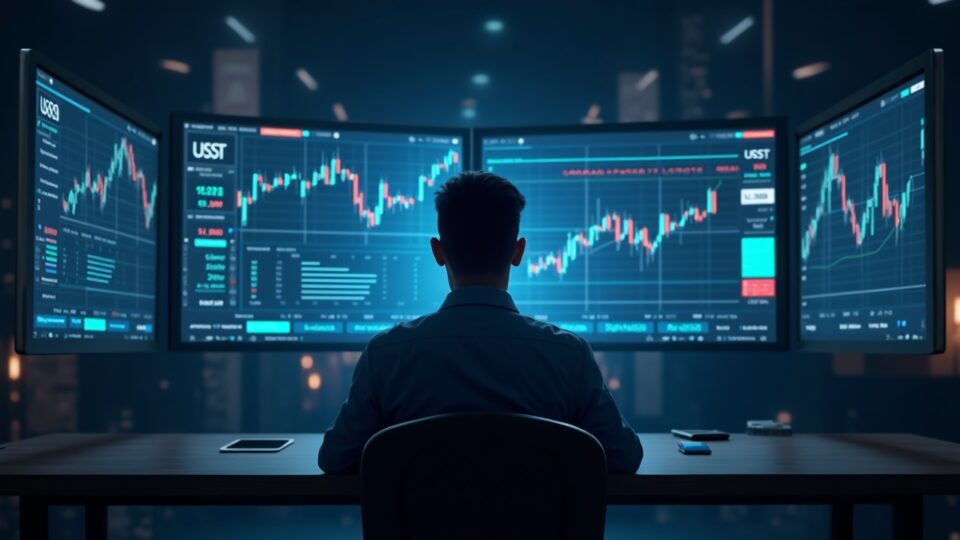 Photorealistic trader at a sleek desk with holographic screens displaying EURUSD, XAUUSD and stock CFDs, highlighting USDT margins.