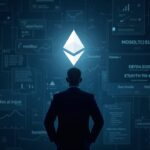 Photorealistic header: executive silhouette beside a glowing Ethereum logo on a blockchain grid with market tickers.