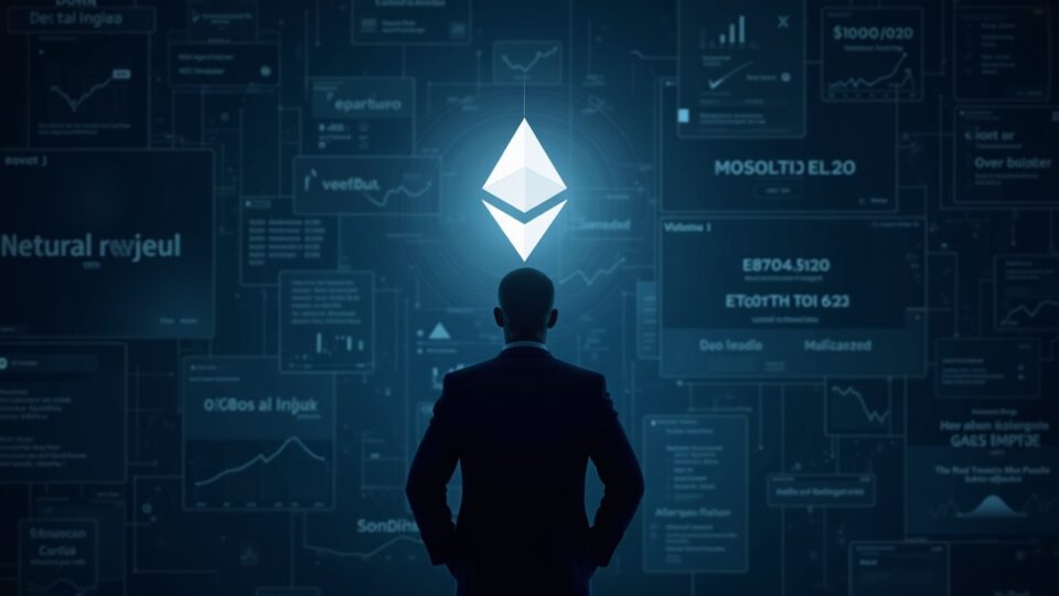 Photorealistic header: executive silhouette beside a glowing Ethereum logo on a blockchain grid with market tickers.