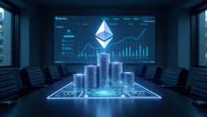 Photo-realistic boardroom with a glowing Ethereum hologram, rising ETH bars on a digital dashboard, and BitMine branding.