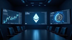 Boardroom scene with Ethereum logos on screens, data charts, and a digital ETH vault, signaling institutional accumulation.
