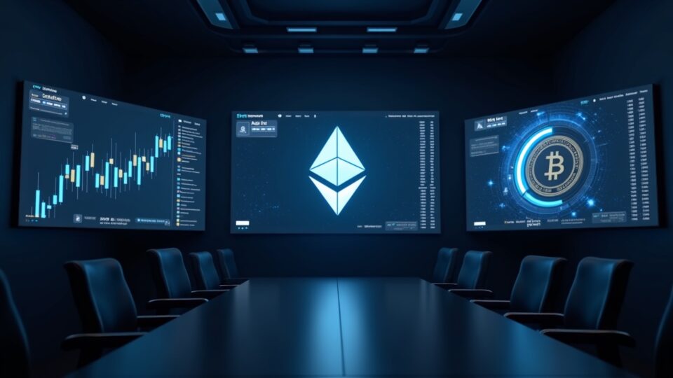 Boardroom scene with Ethereum logos on screens, data charts, and a digital ETH vault, signaling institutional accumulation.