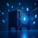 Photorealistic corporate vault with floating Ethereum logos and holographic cash-flow charts in blue futuristic lighting.