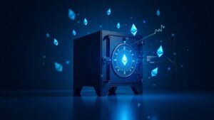 Photorealistic corporate vault with floating Ethereum logos and holographic cash-flow charts in blue futuristic lighting.