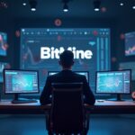 Photorealistic newsroom: BitMine logo, Ethereum coins orbit a treasury chart, red price dip, confident executive foreground.